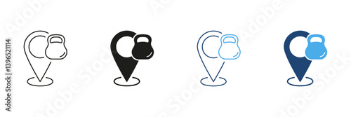 Map Pin with Kettlebell Line and Silhouette Icon Set. Fitness Center Location or Gym for Exercise and Training Outline and Solid Symbol. Isolated Vector Illustration
