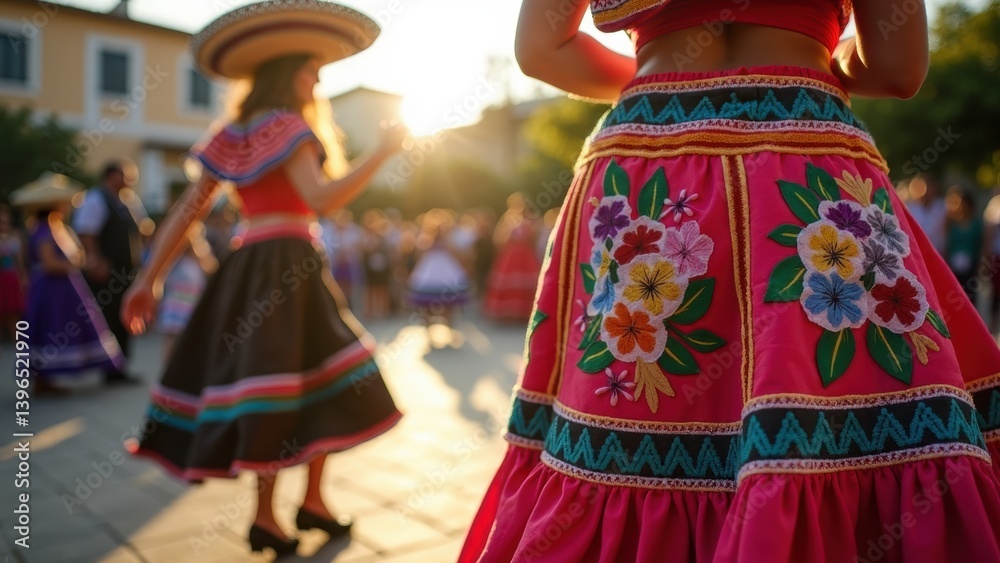A close-up view captures the intricate embroidery of a traditional Mexican dress as the wearer dances joyfully in the sunlight.