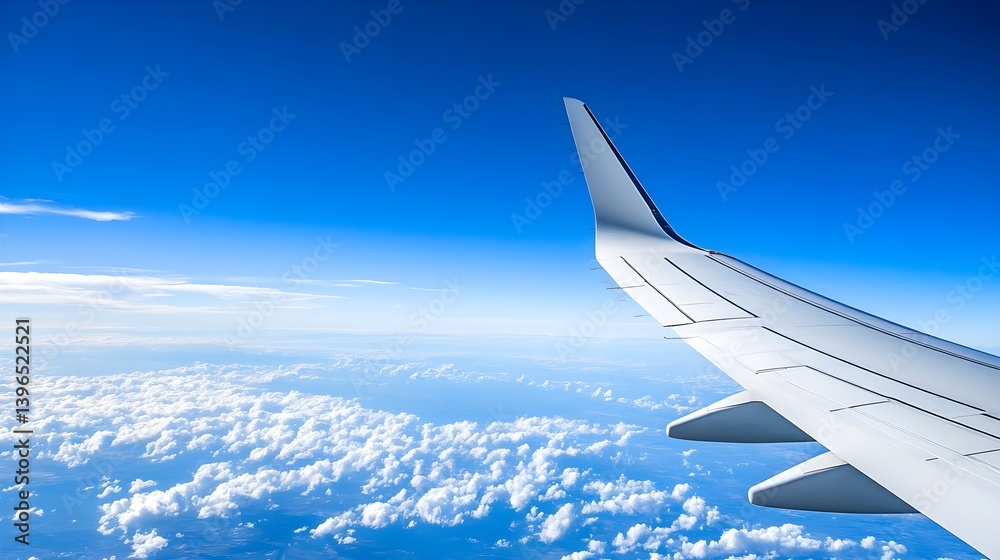 Obraz premium White Airplane Wing Against Blue Sky with Cloudy Background