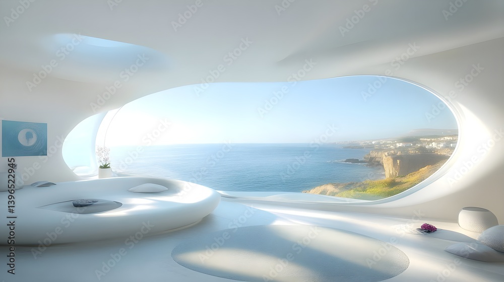 Fototapeta premium Bright Circular Room with Large Windows Overlooking the Ocean View