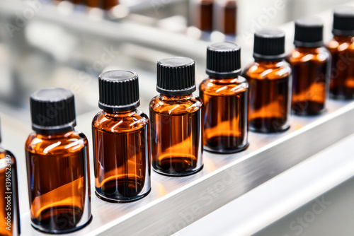 Close up of amber glass bottles with black caps on automated production line in modern pharmaceutical, cosmetic factory.