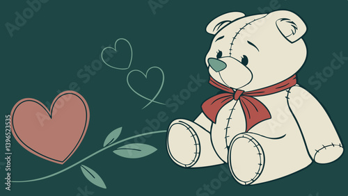 Cute white teddy bear toy holds a red heart, a sweet love for Valentine's Day with heart isolated on dark green background vector illustration.
