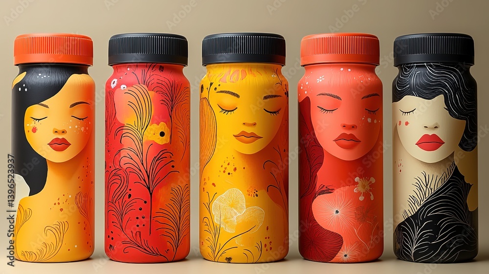 Fototapeta premium Elegant drink bottles adorned with stylized feminine and floral illustrations