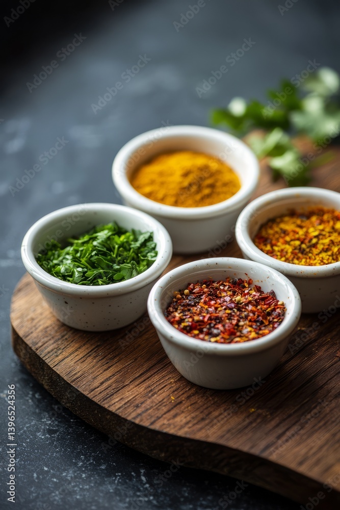 Small bowls of coriander, saffron, and cumin resting on a wooden board. The warm kitchen hums softly with the sounds of Eid cooking Small bowls of coriander, saffron, and cumin resting on a wooden board. The warm kitchen hums softly with the sounds of Eid cooking
