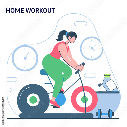 Healthy woman exercising on stationary bike flat vector icon