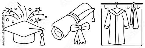 Graduation cap and diploma symbolize achievement and celebration for graduates. gown represents journey of education