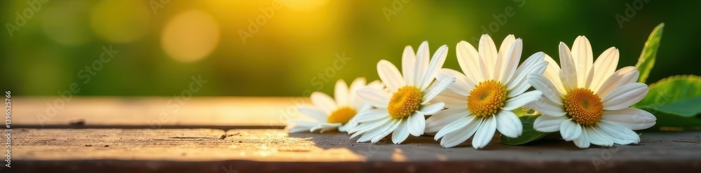 Sunlit daisies spill onto rustic wooden table, rustic, flowers, sunlit Sunlit daisies spill onto rustic wooden table, rustic, flowers, sunlit