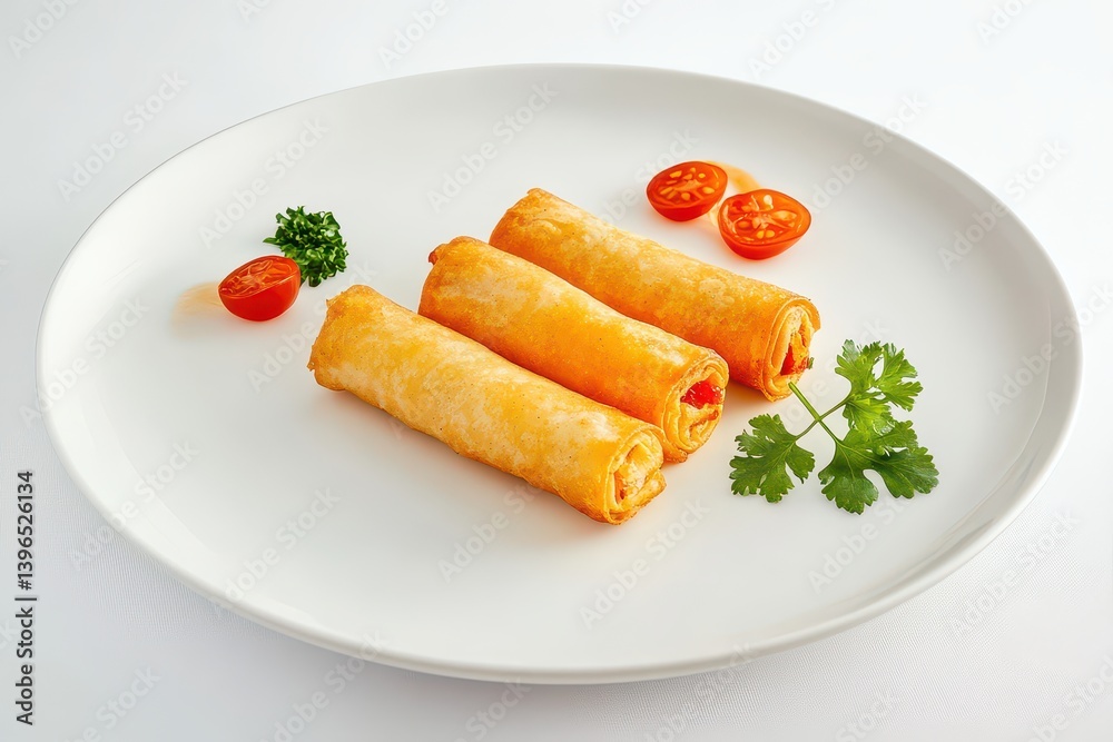 Three golden, crispy spring rolls served on a white plate with cherry tomatoes and fresh herbs Three golden, crispy spring rolls served on a white plate with cherry tomatoes and fresh herbs