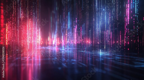 A vibrant, futuristic digital landscape with cascading light streams and abstract patterns, suggesting advanced technology and data flow.