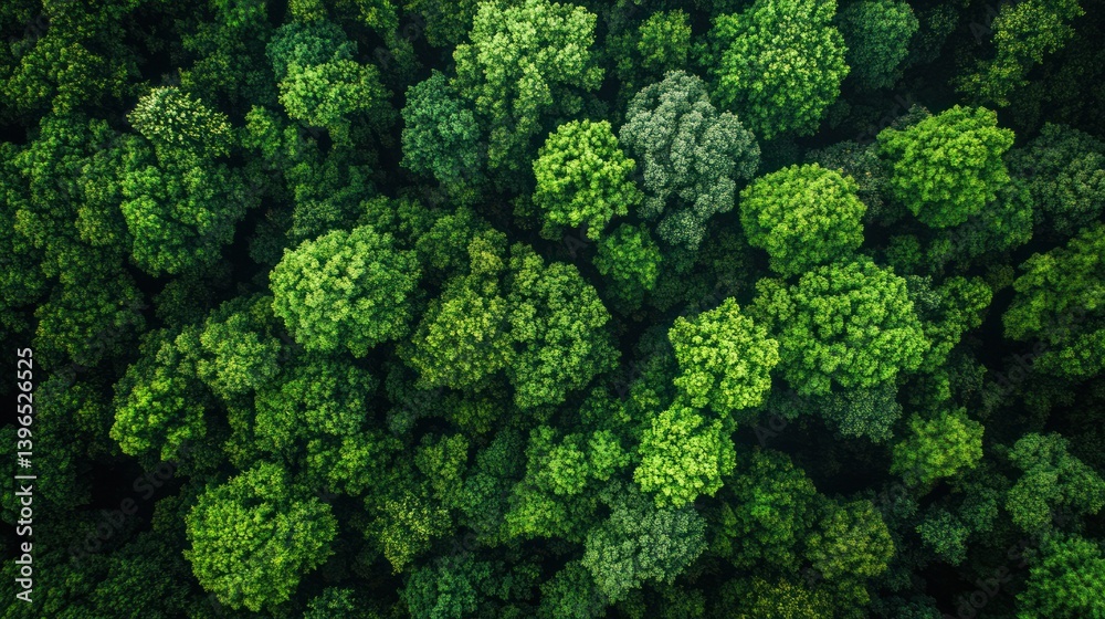 Overhead view of dense green treetops forming a forest canopy panorama Overhead view of dense green treetops forming a forest canopy panorama