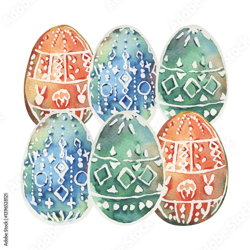 Easter composition of painted eggs with stylized, geometric decorative pattern. Illustration is painted with watercolors of green, blue, orange colors. White ornament of dots, circles, rhombuses