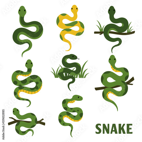 Snake Set Green and Yellow Flat Design.