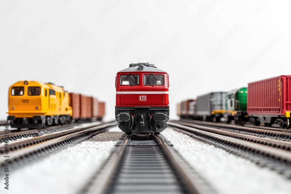 Model train set featuring a red locomotive on tracks with freight cars in the background Model train set featuring a red locomotive on tracks with freight cars in the background