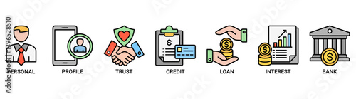 Microcredit icon set. Containing icon of personal, profile, trust, credit, loan, interest and bank icons. Outline color vector symbol background.