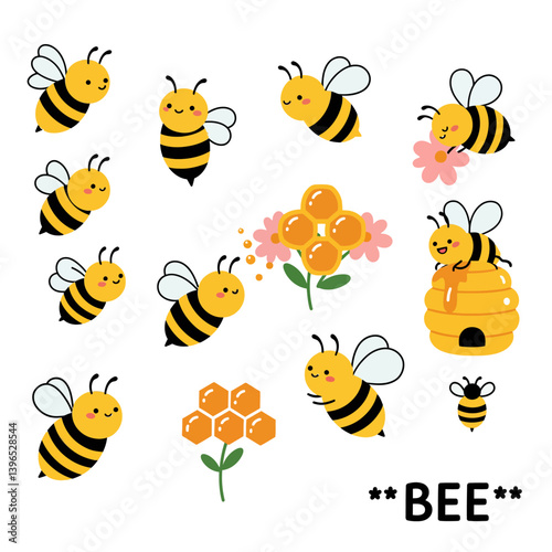 Cute Bees with Honeycomb, and Beehive Vector Set.