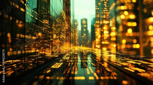 A futuristic cityscape showcasing illuminated skyscrapers and a vibrant golden glow, creating a sense of depth and energy. photo