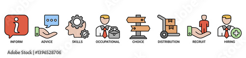 Job fair icon set. Containing icon of the information, advice, skills, occupational, applicants, recruit and hiring icons. Outline color vector symbol background.