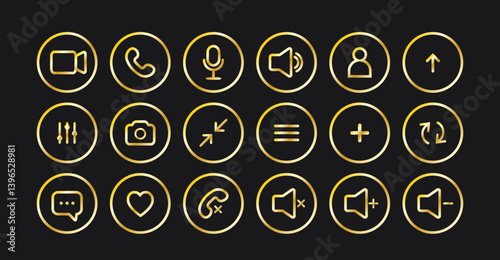 Icon Videocall. Collections luxury buttons for video chat interface. Minimalistic golden outline symbols. Vector illustration isolated on black background.