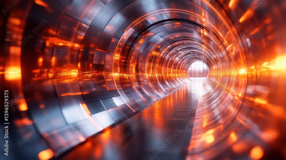 Obraz premium A futuristic tunnel with metallic walls illuminated by warm orange light, creating a dynamic and captivating visual effect.