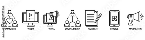 Social media marketing icon set. Containing icon of community, video, viral, social media, content, mobile and marketing icons. Outline vector symbol background.