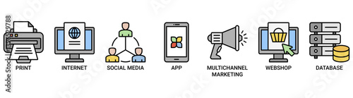 Cross-media icon set. Containing icon of print, internet, social media, app, multichannel marketing, web shop and database icons. Outline color vector symbol background.