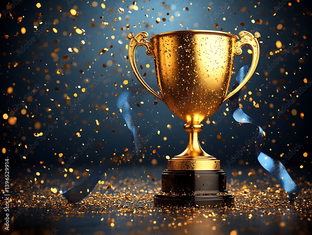 Golden Trophy Amidst Confetti: A stunning photorealistic image of a gleaming golden trophy, elegantly set against a dark backdrop, enhanced by a cascade of confetti and shimmering particles. Golden Trophy Amidst Confetti: A stunning photorealistic image of a gleaming golden trophy, elegantly set against a dark backdrop, enhanced by a cascade of confetti and shimmering particles.