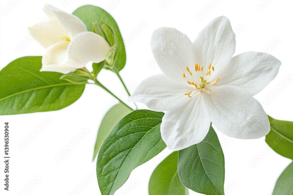 Obraz premium Blooming Mock Orange Flowers with Green Leaves on a White Background