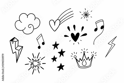 Cute Hand Drawn Doodle Set: Stars, Hearts, & More