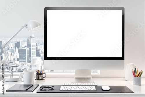 Modern workspace with computer monitor and office supplies on a white desk.
