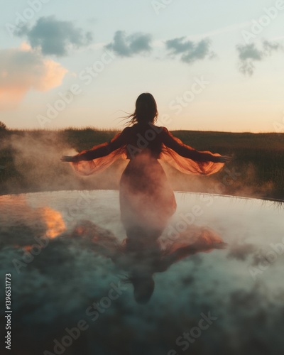 Ethereal Embodiment Transformative Wellness Journey of Mindful Movement - Holistic Healing Arts and Somatic Expression in Golden Hour Landscape