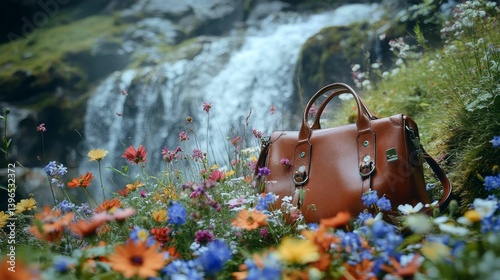 Brown bag sits in a field of flowers near a waterfall.