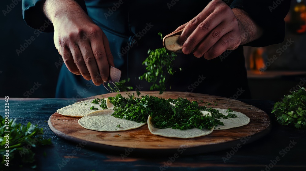 Chef preparing tacos with fresh herbs on wooden board. Culinary experience and delicious food concept.
