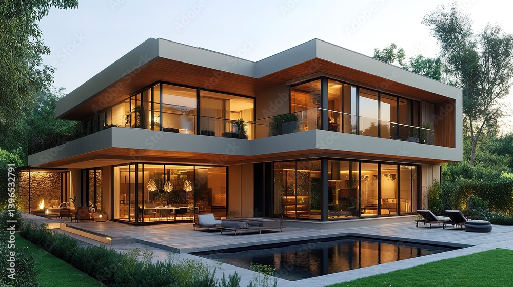 Elegant modern villa with pool blending seamlessly into a lush landscape Elegant modern villa with pool blending seamlessly into a lush landscape