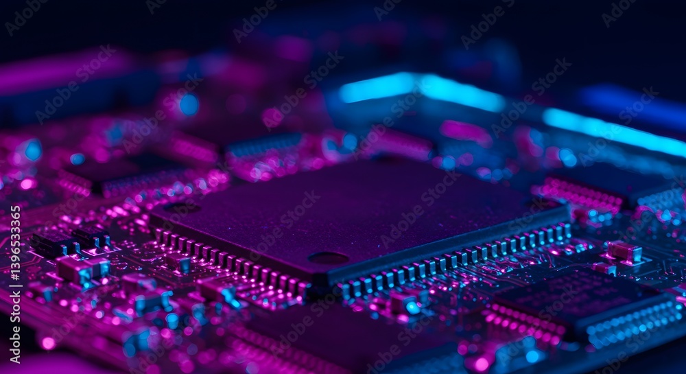 Obraz premium Close-up on a computer circuit board bathed in pink and blue light, emphasizing its intricate design and components.