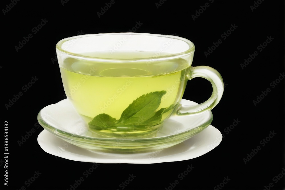 Freshly brewed green tea in a glass cup on saucer with mint leaves, against a black background. Freshly brewed green tea in a glass cup on saucer with mint leaves, against a black background.