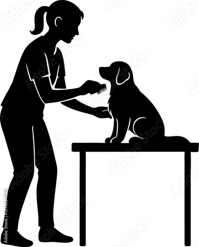 Vector silhouette of woman grooming her dog at home – pet care and owner bonding illustration