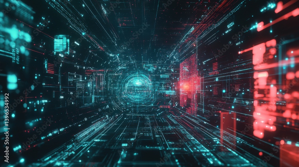 Fototapeta premium A futuristic digital landscape filled with glowing data streams, showcasing a vibrant network of interconnected elements in shades of blue and red.