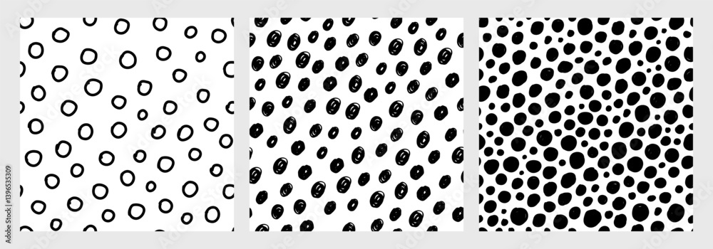 Hand drawn seamless pattern set. Black and white circles and polka dots. Playful and minimalist design, perfect for baby textiles, nursery decor, wallpapers, wrapping paper, and creative projects
