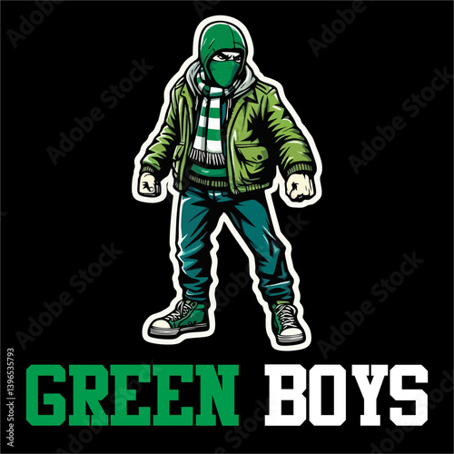 A Vector Illustration of Football fans ultras hooligans with green white color