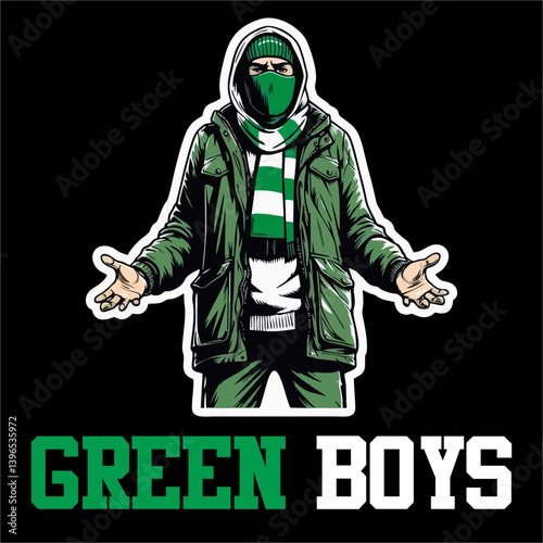 A Vector Illustration of Football fans ultras hooligans with green white color