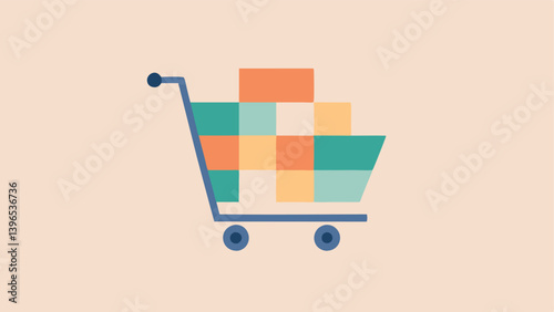 Minimalist Color Blocks An illustrated empty shopping cart filled with blocks of soft calming colors instead of products representing the idea of emptying material desires.