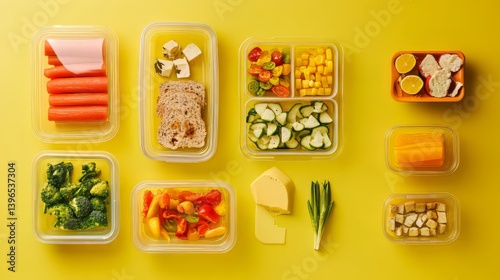 Variety of healthy, pre-portioned meals and snacks in plastic containers on a solid yellow background.