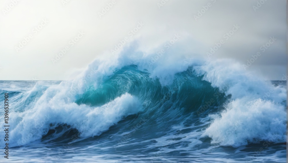 Powerful wave crashing onto shore with bluegreen water and foamy white waves, under a dramatic grey sky. Powerful wave crashing onto shore with bluegreen water and foamy white waves, under a dramatic grey sky.