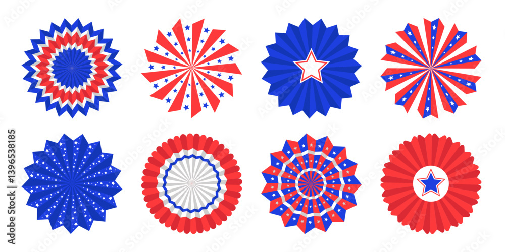 Set of independence day ribbon decorations. Patriotic blue and red rosettes for banner, card or border Set of independence day ribbon decorations. Patriotic blue and red rosettes for banner, card or border