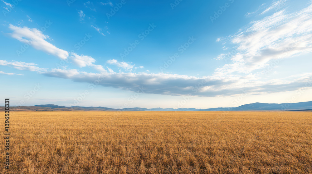 vast golden field stretches clear blue sky, with distant mountains creating serene landscape vast golden field stretches clear blue sky, with distant mountains creating serene landscape