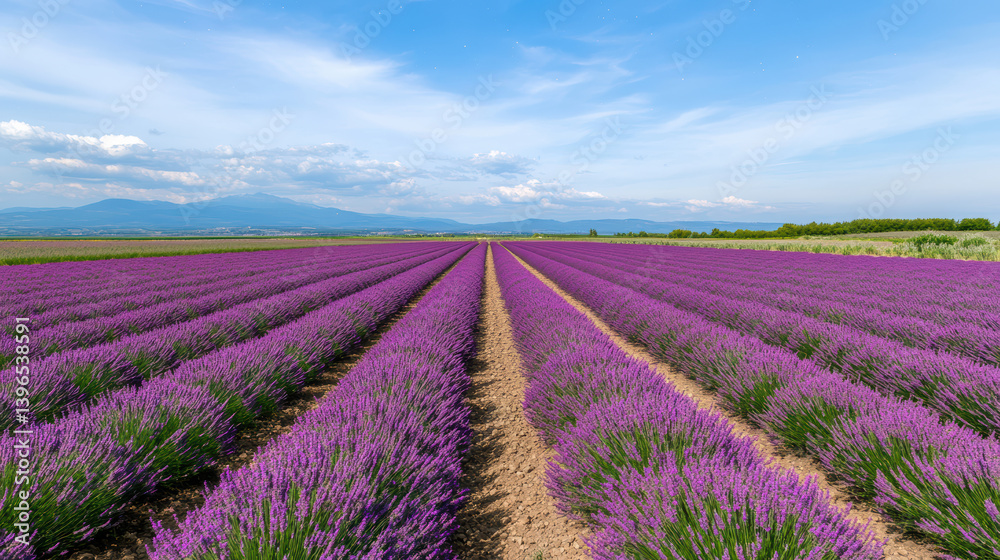 Fototapeta premium Lavender field with vibrant purple flowers stretching under clear blue sky