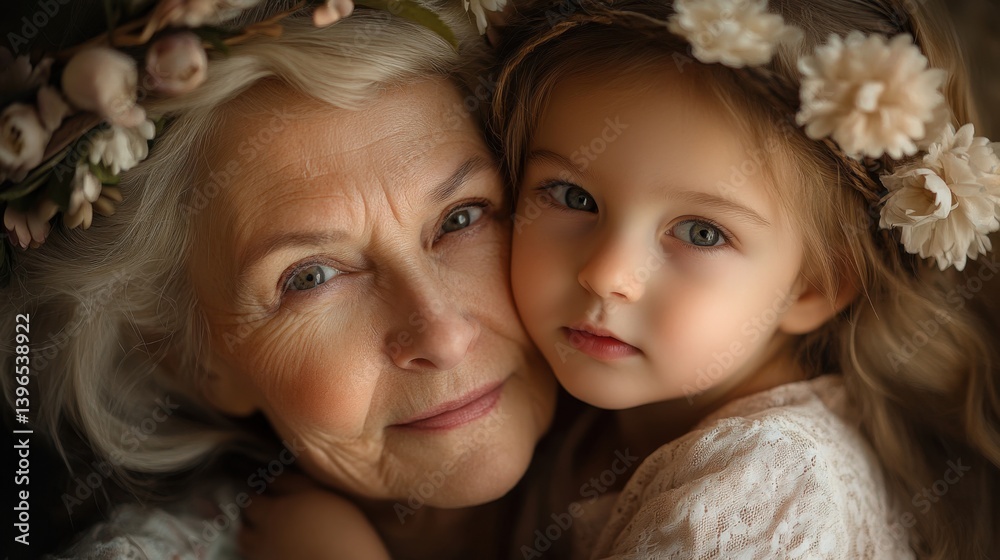 Obraz premium A tender portrait of a grandmother and granddaughter, both adorned with floral crowns, showcasing a deep bond and warmth.