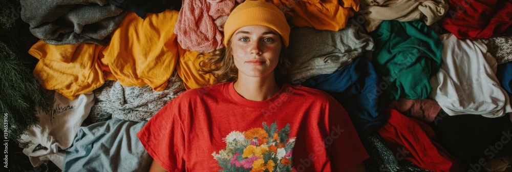 Fototapeta premium Circular Fashion Narrative Gen Z Sustainable Wardrobe Inventory - Mindful Consumption Aesthetic Revealing Textile Diversity and Personal Style Reimagination