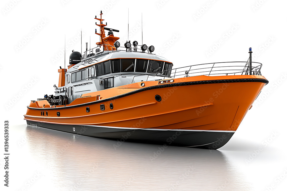 Naklejka premium Modern Orange Pilot Boat Vessel Isolated On White Background Low Angle View