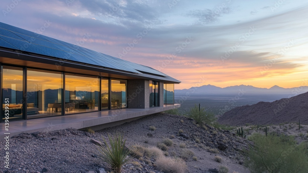 Modern desert home with sunset views. Solar panels on the roof. Modern desert home with sunset views. Solar panels on the roof.